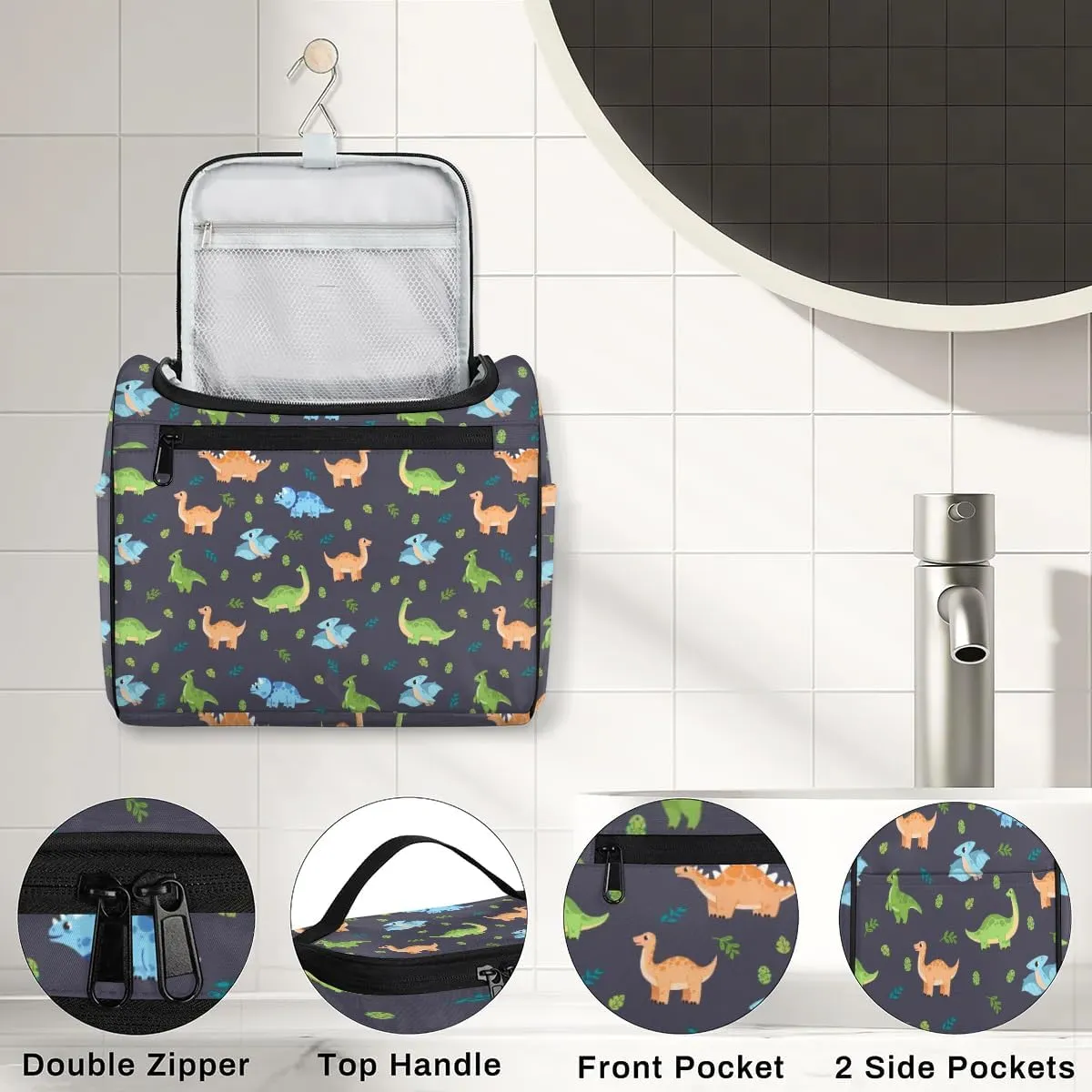 Cute Dinosaur Hanging Toiletry Bag Wash Bag Shower Bag for Men and Boys Cartoon Dino Travel Cosmetics Bag Shaving Bag Organizer Kit for Accessories, Cosmetics, Travel Essentials
