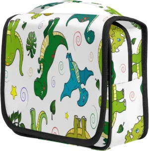Cute Dinosaur Tropical Leaf Travel Toiletry Bag for Women Portable Waterproof Travel Makeup Bag with Hanging Hook Makeup Cosmetic Organizer for Travel Business Trip Camping Bathroom