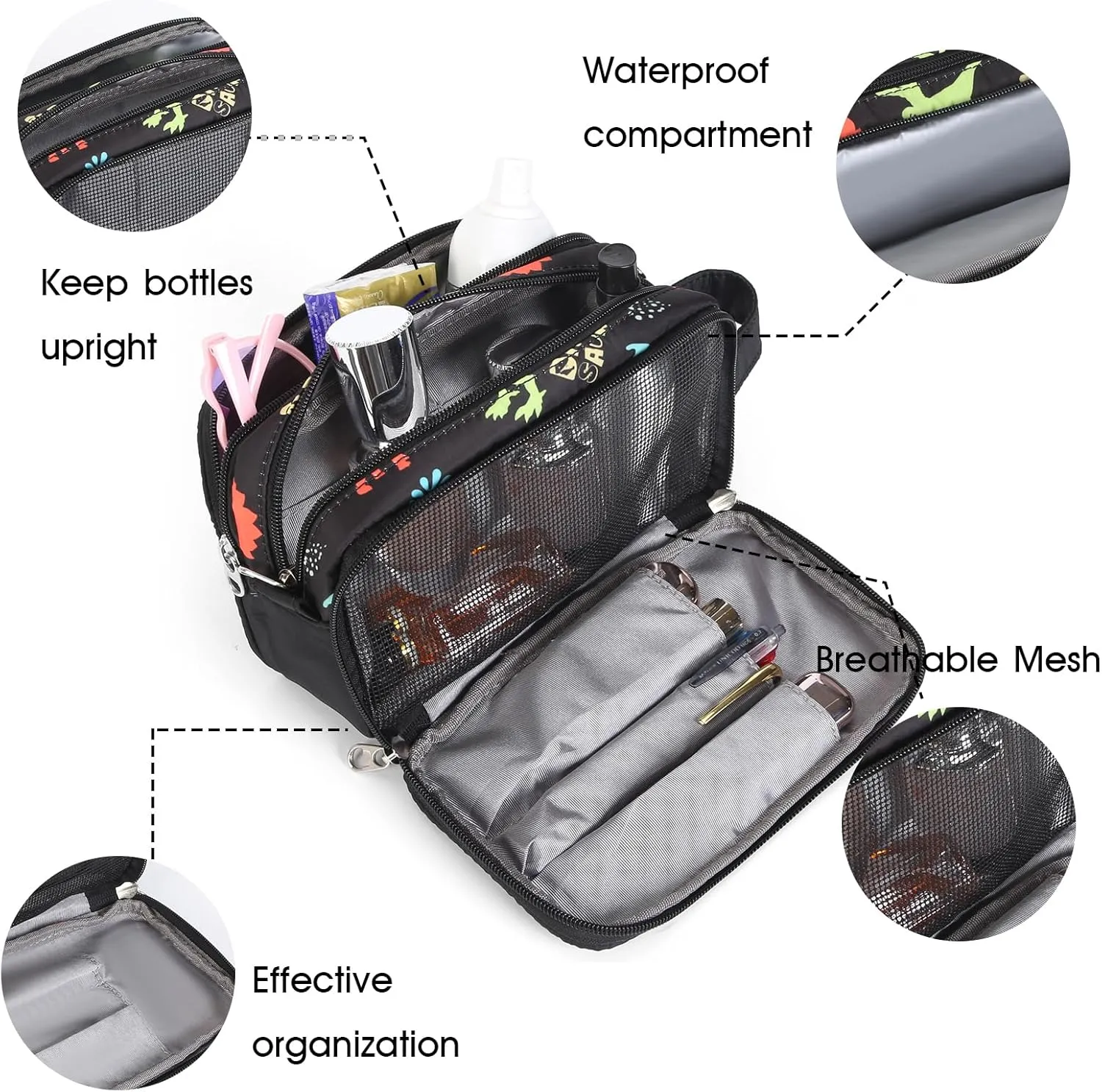 Cute Kids Toiletry Bag for Boys, Toddler Travel Makeup Bag Cosmetic Bag for Toddler Boys Gift, dinosaur Black