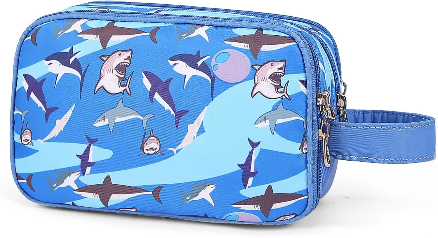 Cute Kids Toiletry Bag for Boys, Toddler Travel Makeup Bag Cosmetic Bag for Toddler Boys Gift, Shark Blue