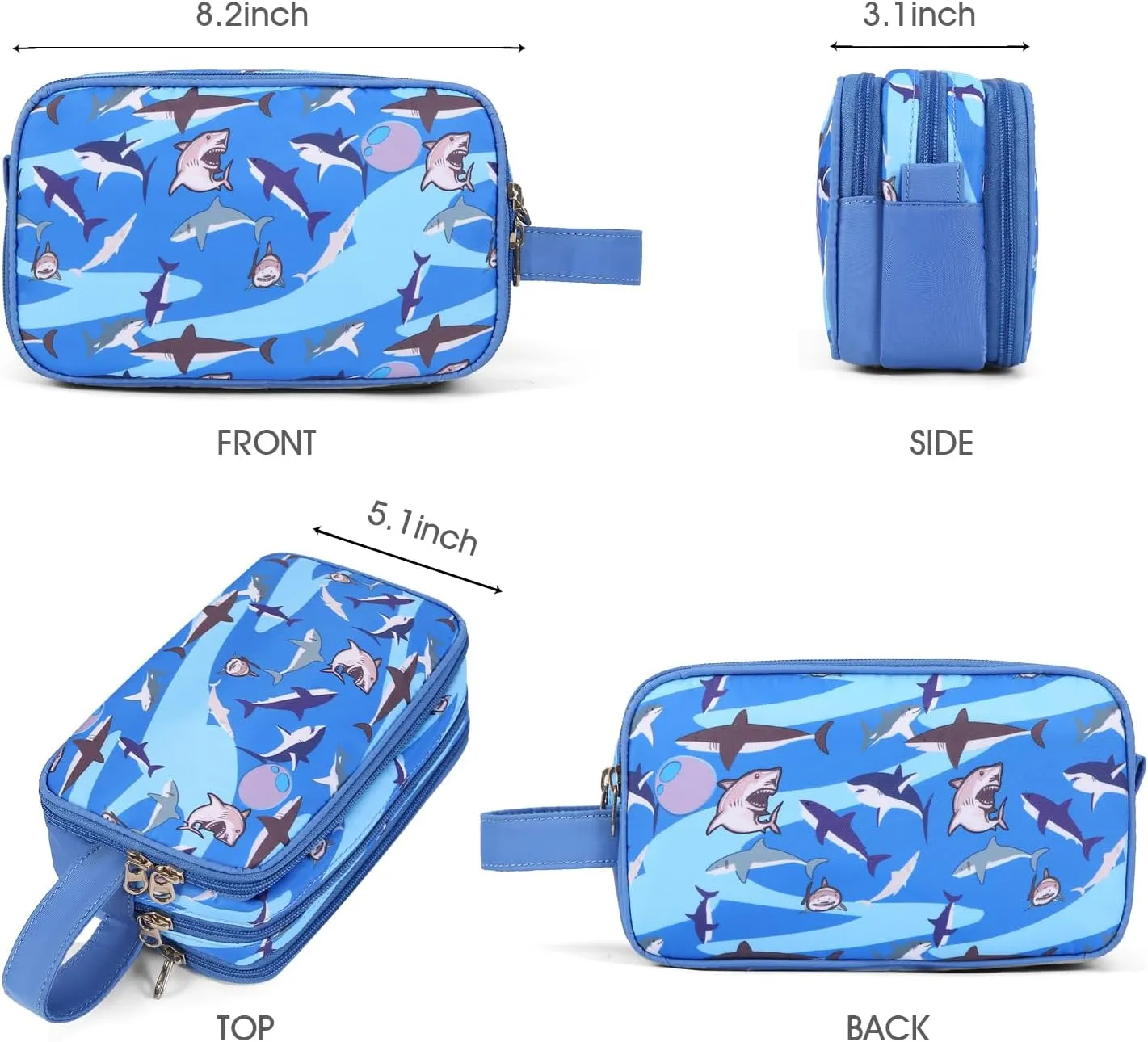 Cute Kids Toiletry Bag for Boys, Toddler Travel Makeup Bag Cosmetic Bag for Toddler Boys Gift, Shark Blue