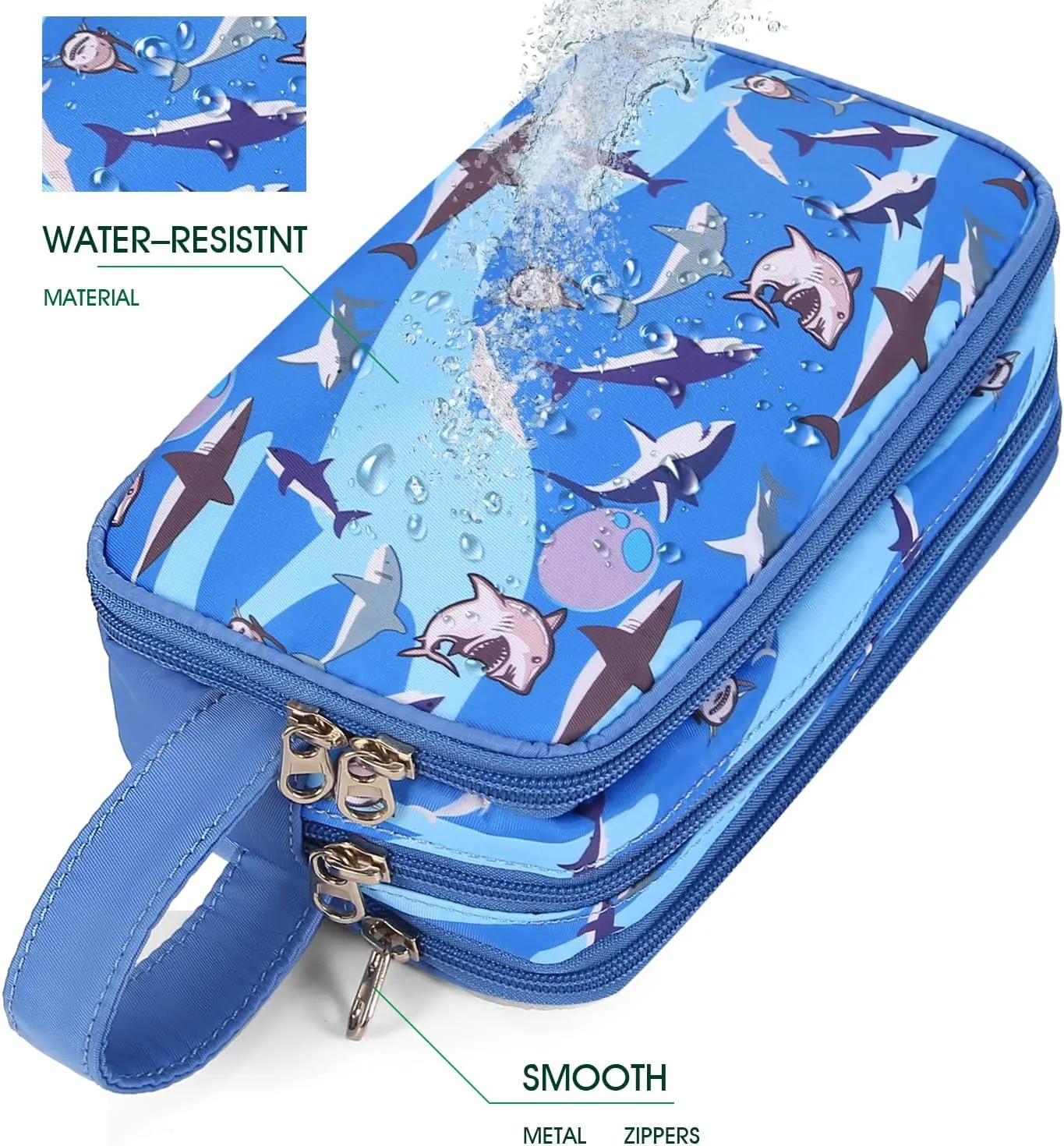 Cute Kids Toiletry Bag for Boys, Toddler Travel Makeup Bag Cosmetic Bag for Toddler Boys Gift, Shark Blue