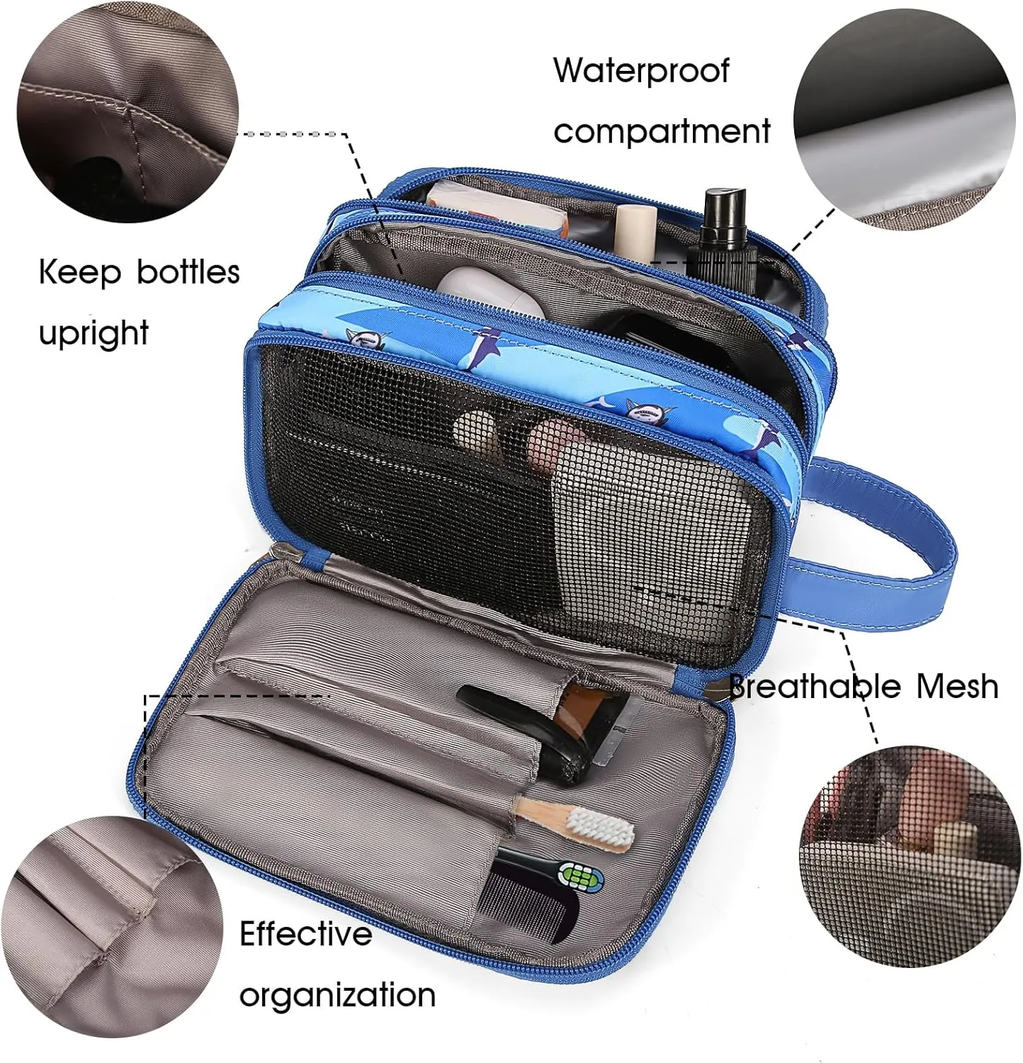 Cute Kids Toiletry Bag for Boys, Toddler Travel Makeup Bag Cosmetic Bag for Toddler Boys Gift, Shark Blue