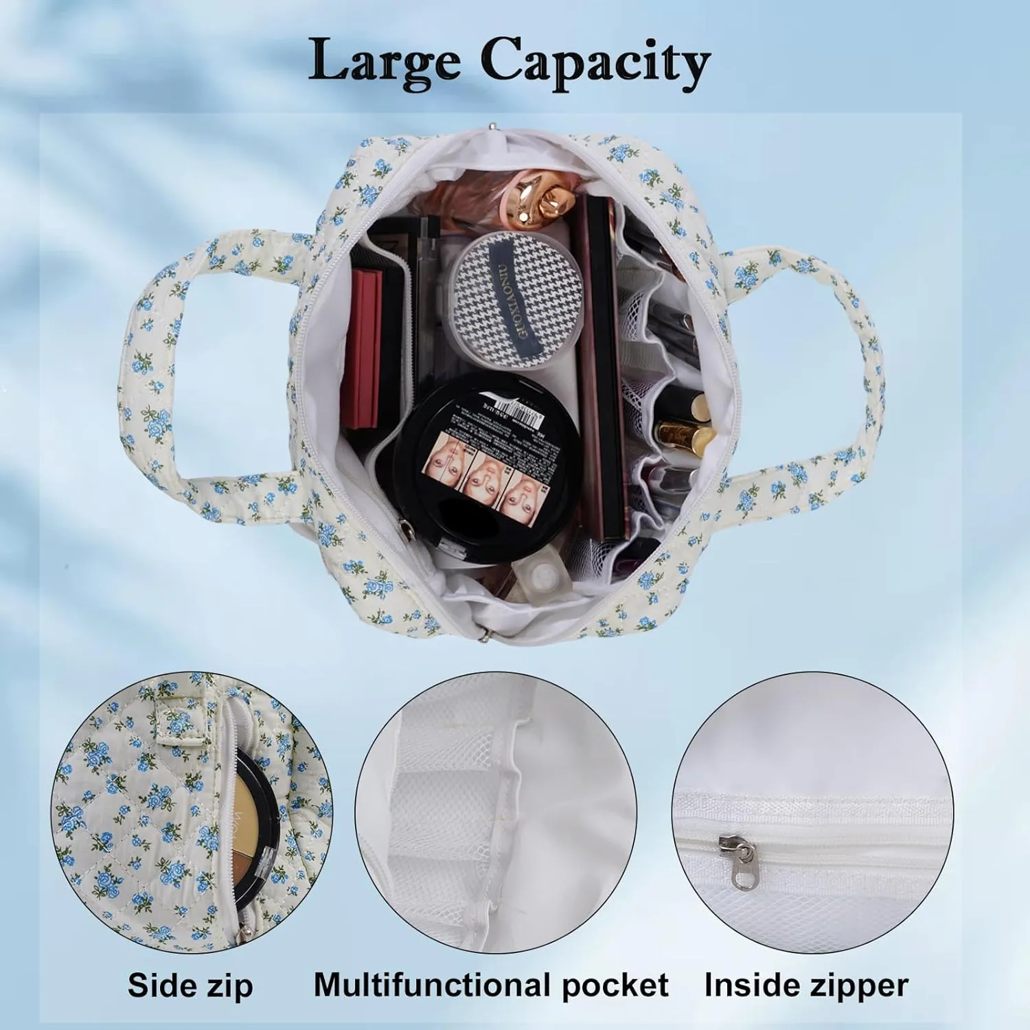 Cute Quilted Floral Makeup Bag(2Pcs)，Coquette Aesthetic Cosmetic Bag，Travel Toiletry Bags， Kawaii Aesthetic pouch for Women (13-Blue)