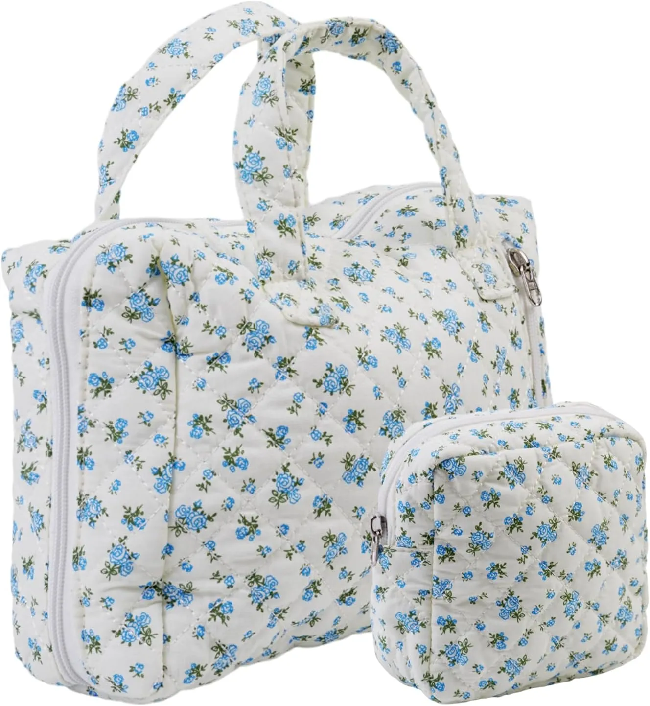 Cute Quilted Floral Makeup Bag(2Pcs)，Coquette Aesthetic Cosmetic Bag，Travel Toiletry Bags， Kawaii Aesthetic pouch for Women (13-Blue)