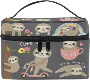 Cute Sloth Makeup Train Case Grey Floral Korean Carrying Portable Zip Travel Cosmetic Brush Bag Organizer Large for Girls Women