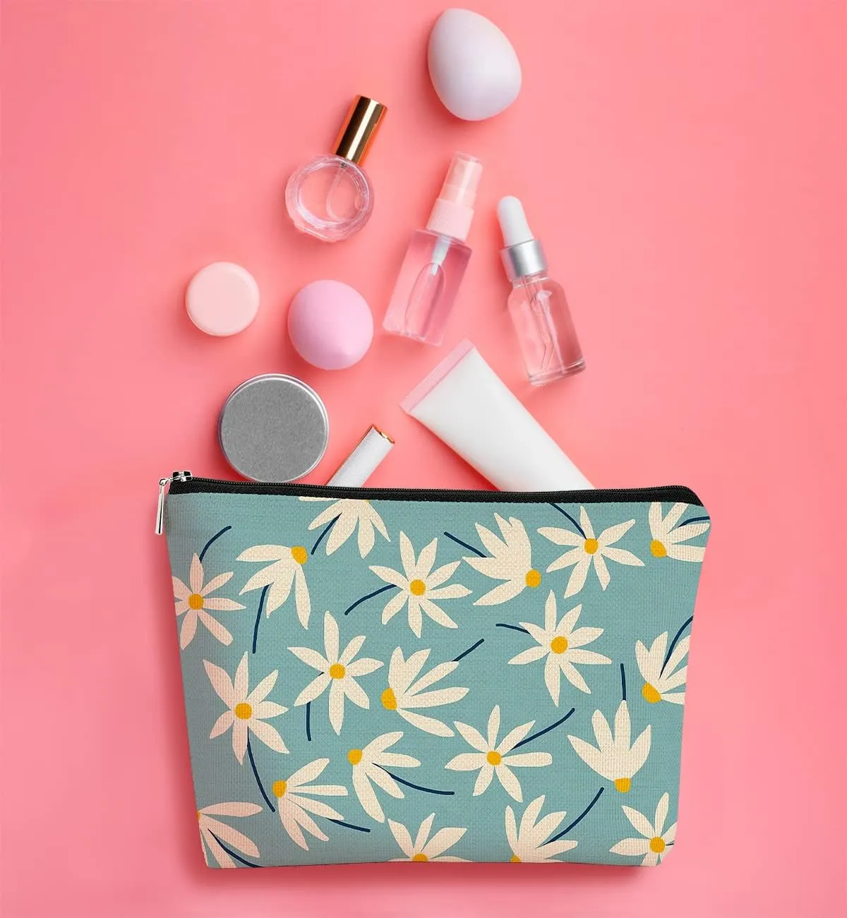 Daisy Medium Makeup Bag,Spring Summer Flower Cosmetic Bag Best Gift Idea for Teen Girls Women,Birthday Christmas Gifts for Daughter Sister