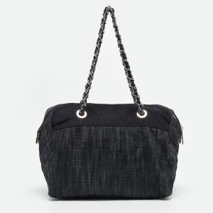 Dark Blue Quilted Denim Bowler Bag