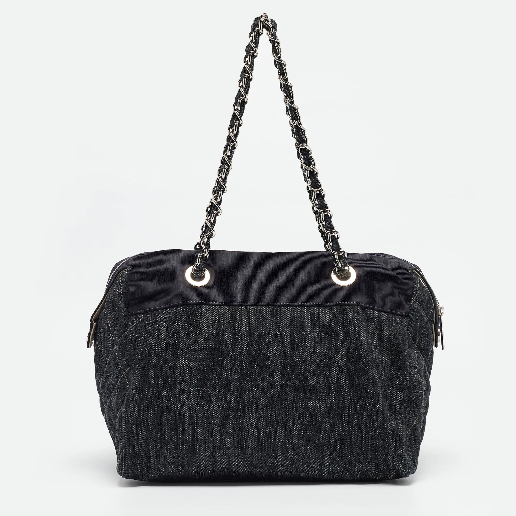 Dark Blue Quilted Denim Bowler Bag