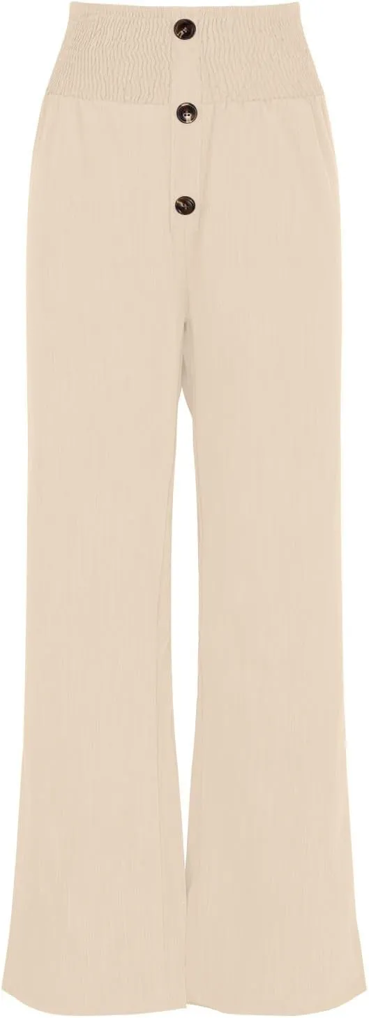 DASAYO Cotton Linen Pants for Women Smocked High Waisted Palazzo Pants Ladies Dressy Casual Wide Leg Trousers Summer Fashion