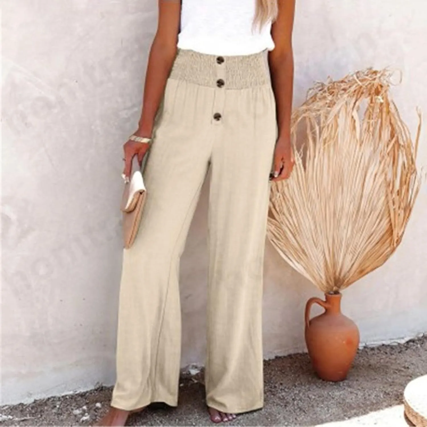DASAYO Cotton Linen Pants for Women Smocked High Waisted Palazzo Pants Ladies Dressy Casual Wide Leg Trousers Summer Fashion