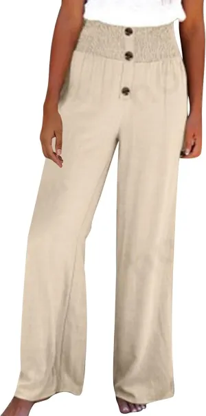 DASAYO Cotton Linen Pants for Women Smocked High Waisted Palazzo Pants Ladies Dressy Casual Wide Leg Trousers Summer Fashion