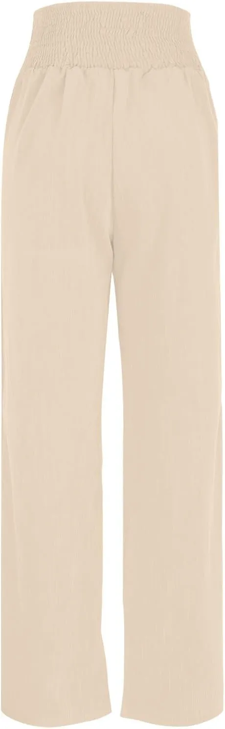DASAYO Cotton Linen Pants for Women Smocked High Waisted Palazzo Pants Ladies Dressy Casual Wide Leg Trousers Summer Fashion