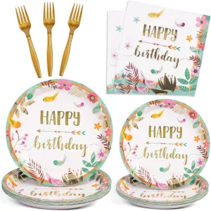 DECORLIFE Birthday Plates and Napkins Serves 24, Boho Birthday Party Supplies, Floral Plates, Forks Included for Women, Girls, Total 96 PCS