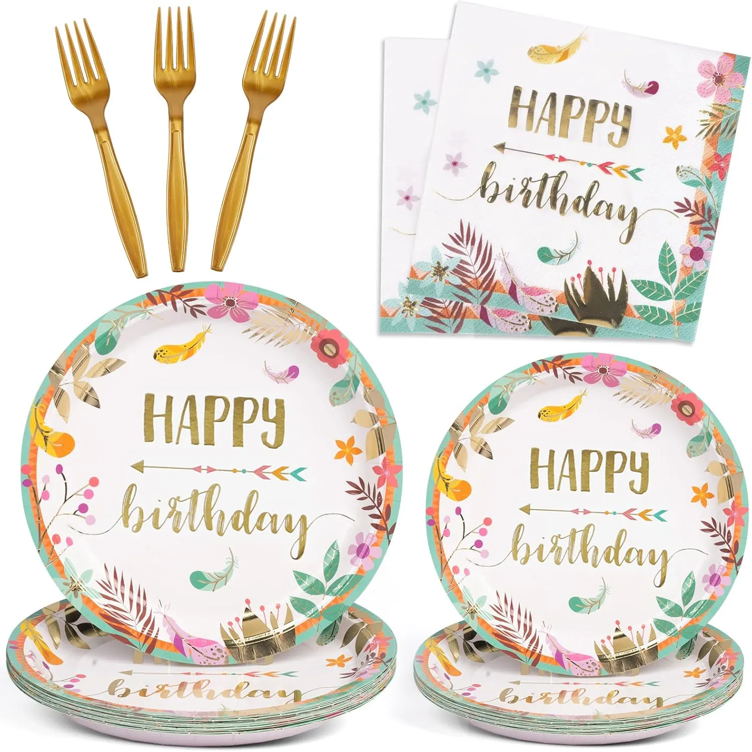 DECORLIFE Birthday Plates and Napkins Serves 24, Boho Birthday Party Supplies, Floral Plates, Forks Included for Women, Girls, Total 96 PCS