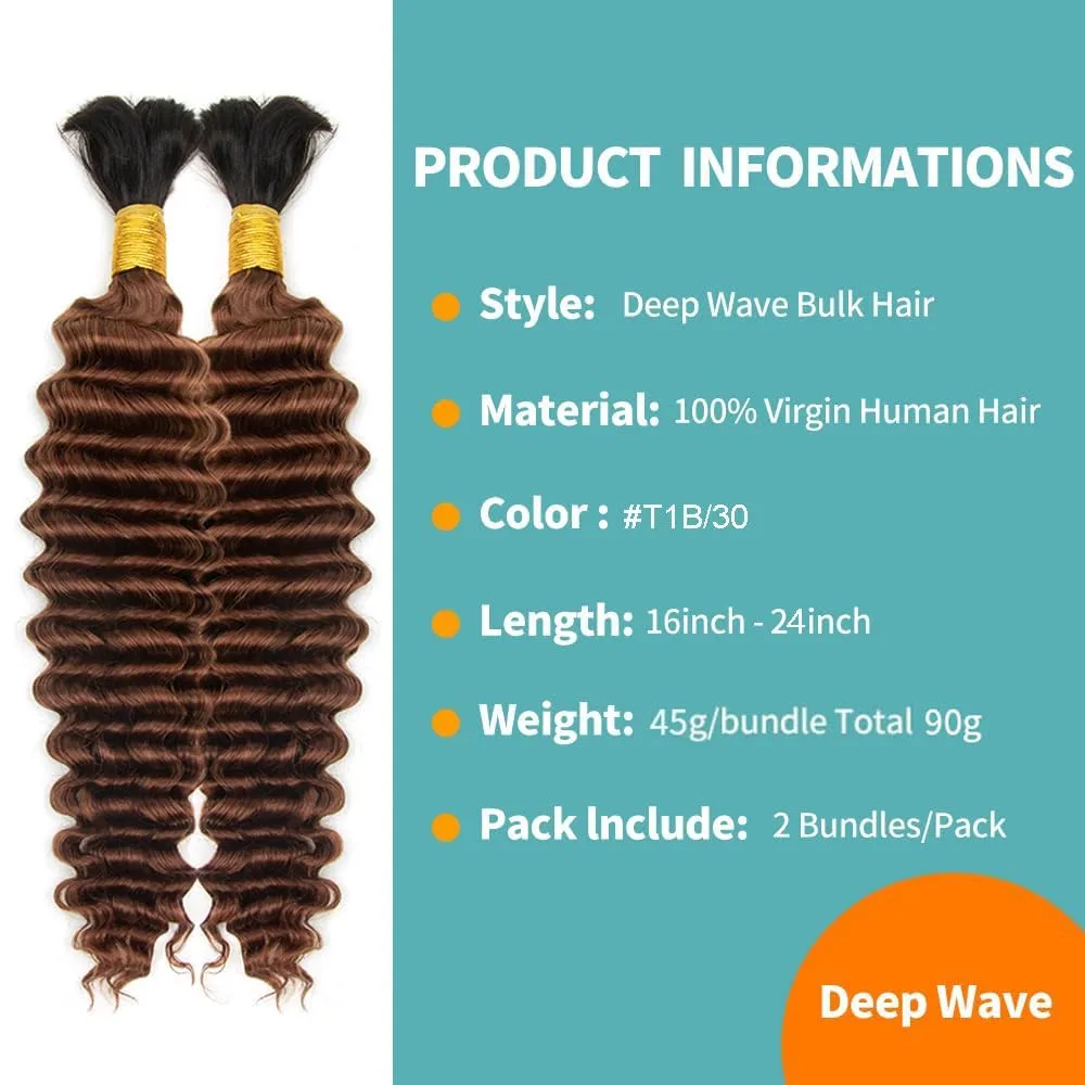 Deep Wave Bulk Human Braiding for Hair 100% Human Hair Unprocessed Brazilian Virgin Hair for Human Hair Extensions (2Bundles-1Pack) 90g 16Inch Human Hair for Micro braiding No Weft (16Inch #T1B/30)