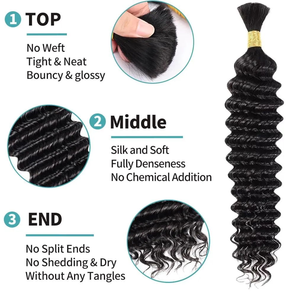 Deep Wave Human Braiding Hair for Boho Braids 16 Inch Boho Human Braiding Hair Curly No Weft 100g 2 Bundles 10A Brazilian Virgin Curly Hair Extension Wet and Wavy Natural Black