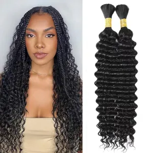 Deep Wave Human Braiding Hair for Boho Braids 16 Inch Boho Human Braiding Hair Curly No Weft 100g 2 Bundles 10A Brazilian Virgin Curly Hair Extension Wet and Wavy Natural Black