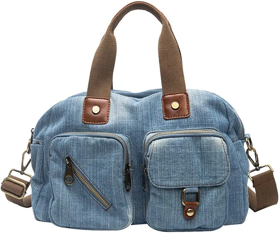 Denim Handbags for Women Jean Purse with Multiple Pockets Denim Blue Pocketbooks Tote Hobos Crossbody Bags