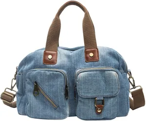 Denim Handbags for Women Jean Purse with Multiple Pockets Denim Blue Pocketbooks Tote Hobos Crossbody Bags