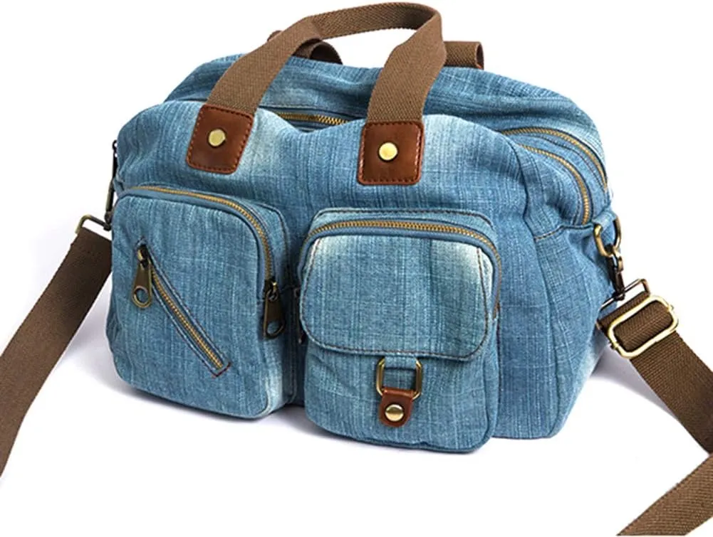 Denim Handbags for Women Jean Purse with Multiple Pockets Denim Blue Pocketbooks Tote Hobos Crossbody Bags