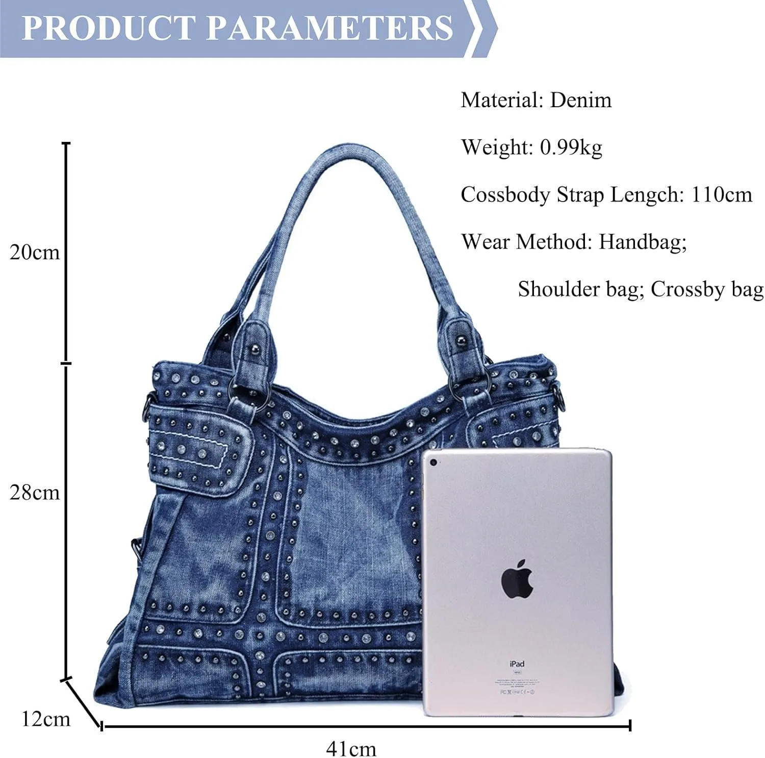 Designer Denim Handbags for Women Hobo Tote Bag Crossbody Denim Purses Blue Jean Shoulder Bag