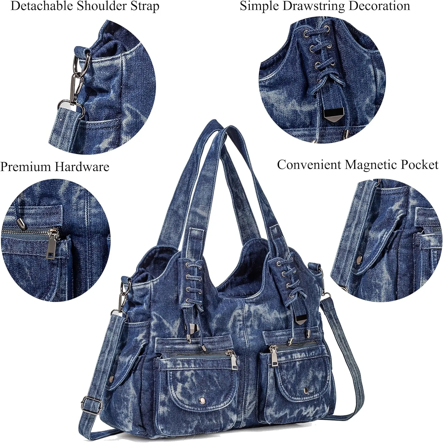 Designer Denim Handbags for Women Hobo Tote Bag Crossbody Denim Purses Blue Jean Shoulder Bag