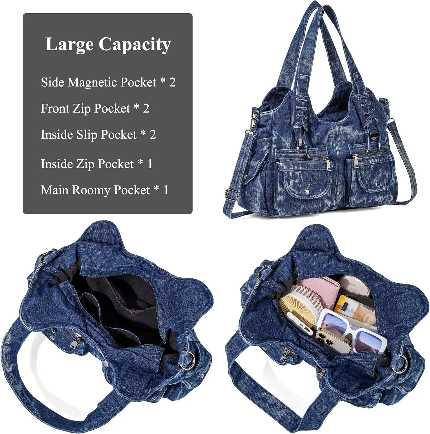 Designer Denim Handbags for Women Hobo Tote Bag Crossbody Denim Purses Blue Jean Shoulder Bag