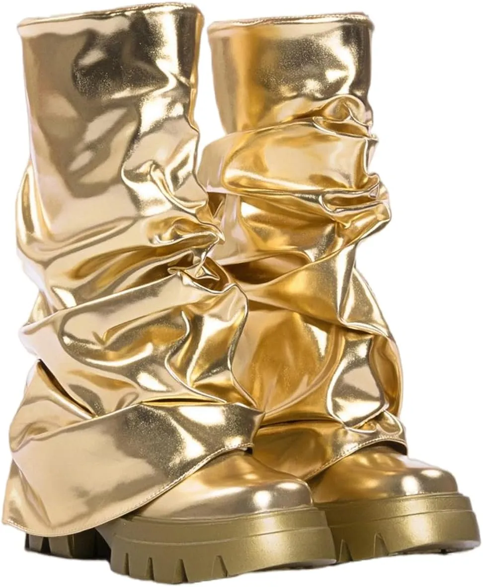 DETOGNI Women's Metallic Mid Calf Pull-On Fit Boots Scrunched Foldover Chunky Platform Sole Rounded Toe Booties