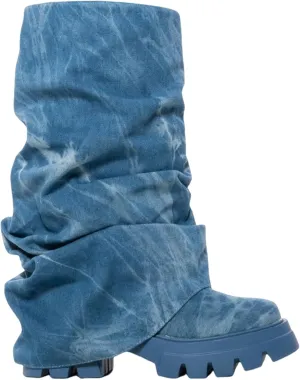 DETOGNI Women's Metallic Mid Calf Pull-On Fit Boots Scrunched Foldover Chunky Platform Sole Rounded Toe Booties