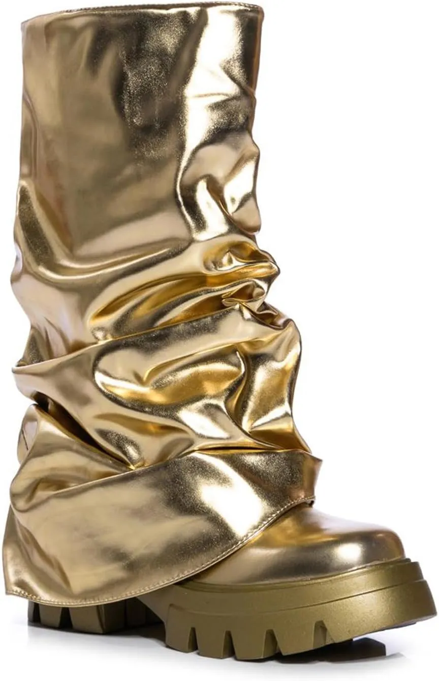 DETOGNI Women's Metallic Mid Calf Pull-On Fit Boots Scrunched Foldover Chunky Platform Sole Rounded Toe Booties
