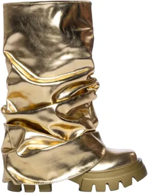 DETOGNI Women's Metallic Mid Calf Pull-On Fit Boots Scrunched Foldover Chunky Platform Sole Rounded Toe Booties