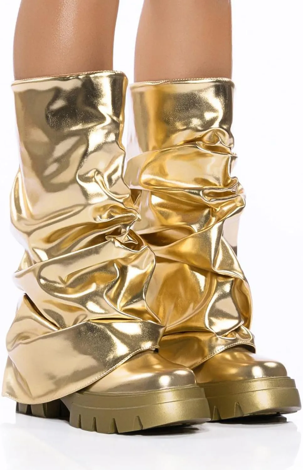 DETOGNI Women's Metallic Mid Calf Pull-On Fit Boots Scrunched Foldover Chunky Platform Sole Rounded Toe Booties