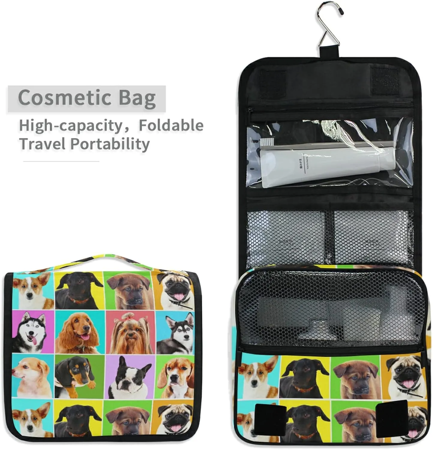 Different Dogs Breeds Portraits Checker Pattern Hanging Wash Gargle Toiletry Bag Travel Cosmetic Makeup Case Organizer Storage Large Portable