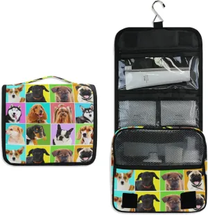 Different Dogs Breeds Portraits Checker Pattern Hanging Wash Gargle Toiletry Bag Travel Cosmetic Makeup Case Organizer Storage Large Portable