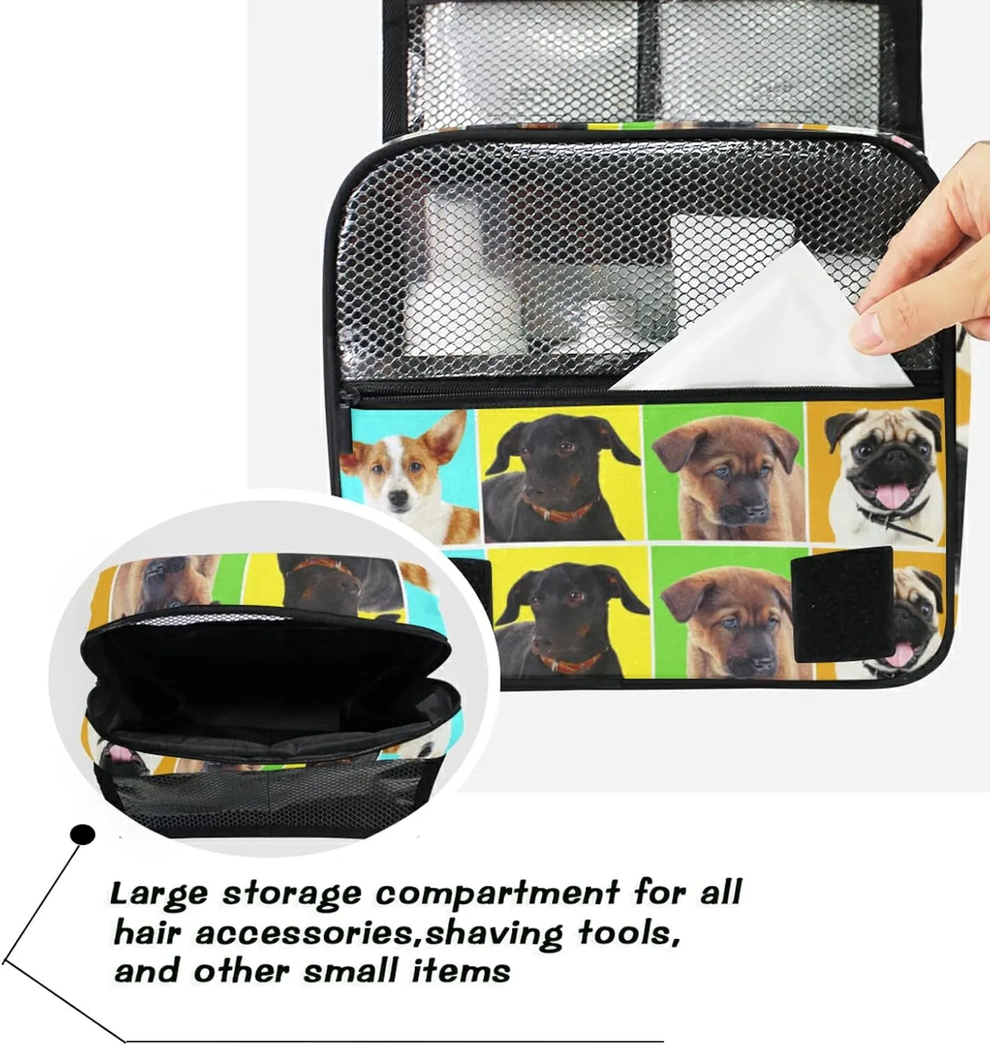 Different Dogs Breeds Portraits Checker Pattern Hanging Wash Gargle Toiletry Bag Travel Cosmetic Makeup Case Organizer Storage Large Portable