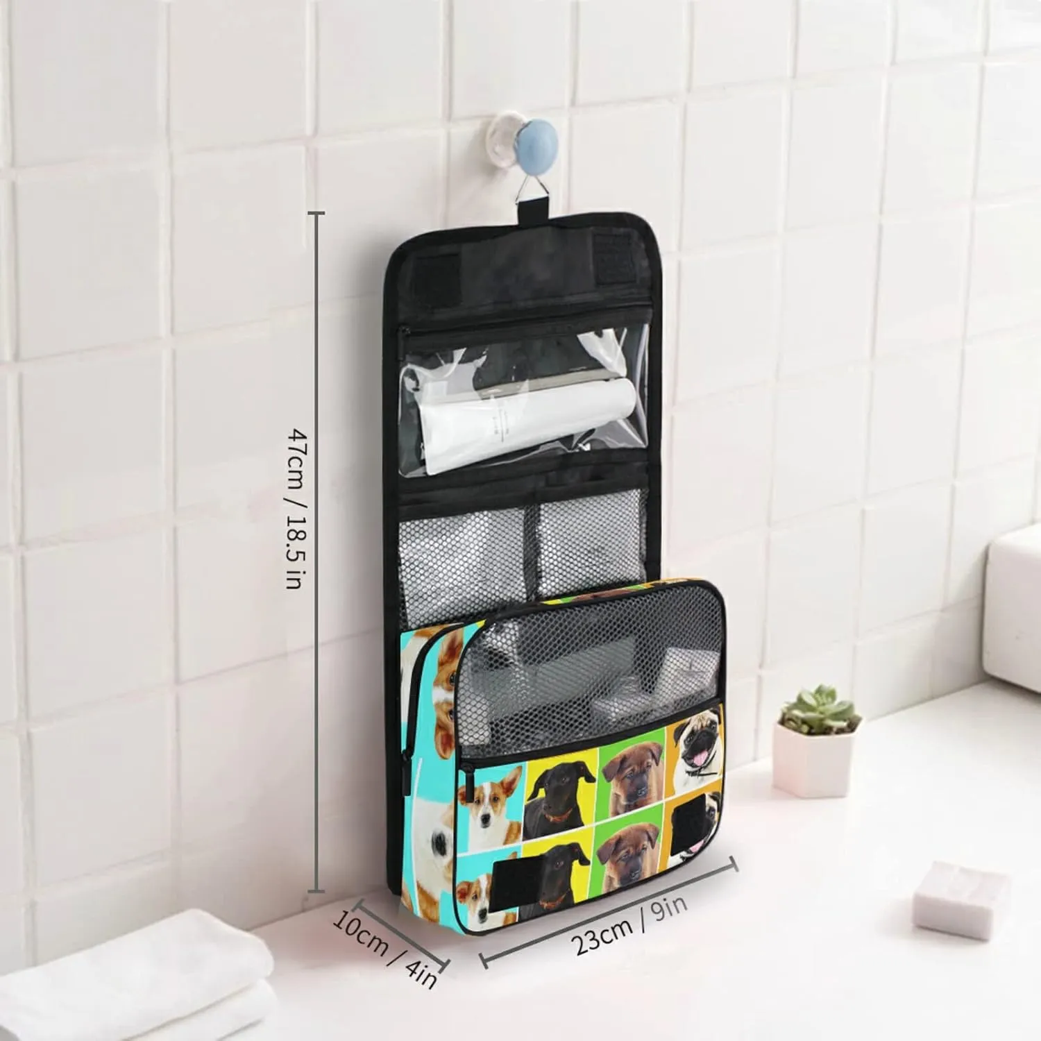 Different Dogs Breeds Portraits Checker Pattern Hanging Wash Gargle Toiletry Bag Travel Cosmetic Makeup Case Organizer Storage Large Portable
