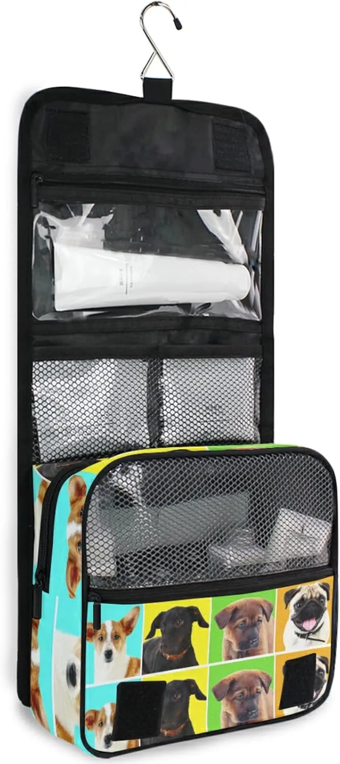 Different Dogs Breeds Portraits Checker Pattern Hanging Wash Gargle Toiletry Bag Travel Cosmetic Makeup Case Organizer Storage Large Portable