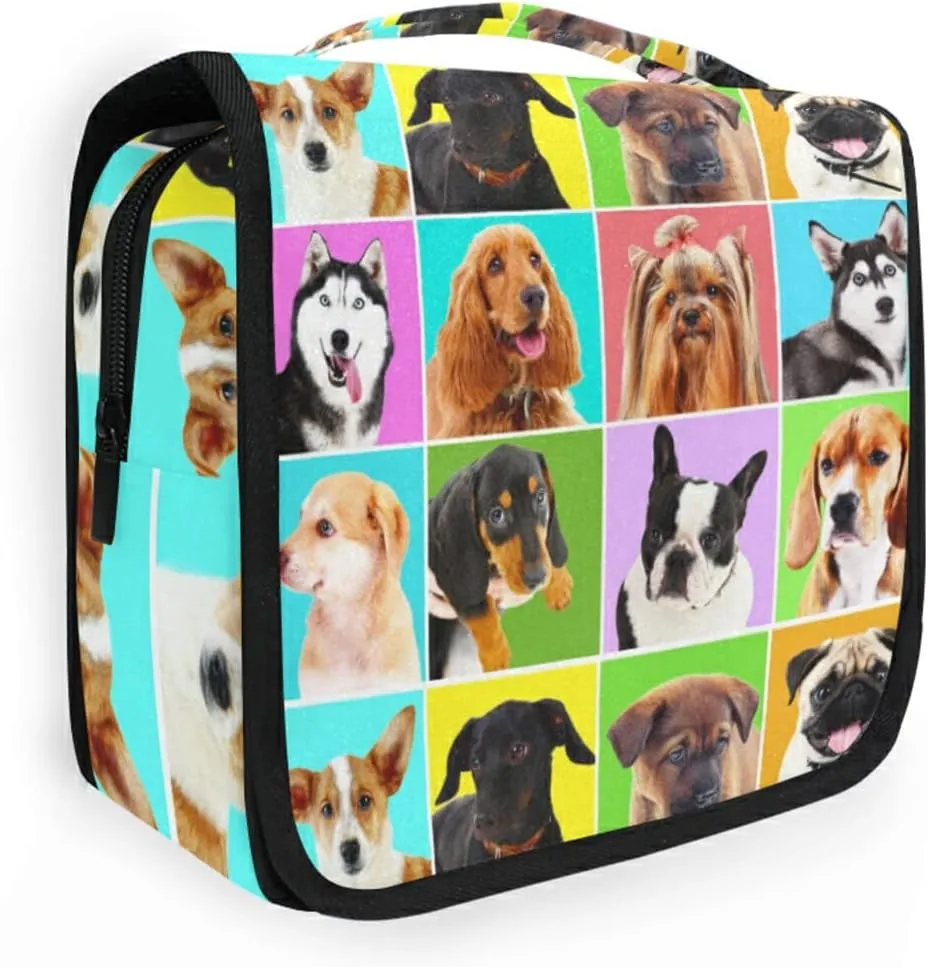 Different Dogs Breeds Portraits Checker Pattern Hanging Wash Gargle Toiletry Bag Travel Cosmetic Makeup Case Organizer Storage Large Portable