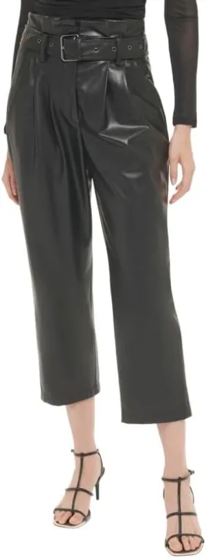 DKNY Women's Paperbag Waist Faux Leather Crop Pants (Black, 6)