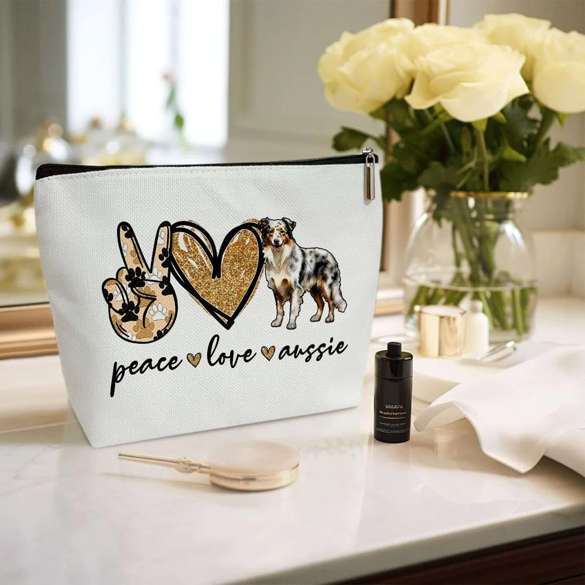 Dog Lover Gifts Makeup Bags for Women, 1 Pack Cosmetic Travel Toiletry Bag, Australian Shepherd Dog Gifts for Women Dogs Mom Pet Lover Puppy Owner, Doggy Cosmetic Bag Pouch - Peace Love Aussie - L721