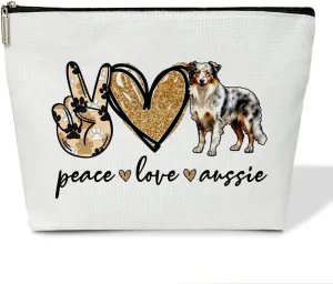 Dog Lover Gifts Makeup Bags for Women, 1 Pack Cosmetic Travel Toiletry Bag, Australian Shepherd Dog Gifts for Women Dogs Mom Pet Lover Puppy Owner, Doggy Cosmetic Bag Pouch - Peace Love Aussie - L721