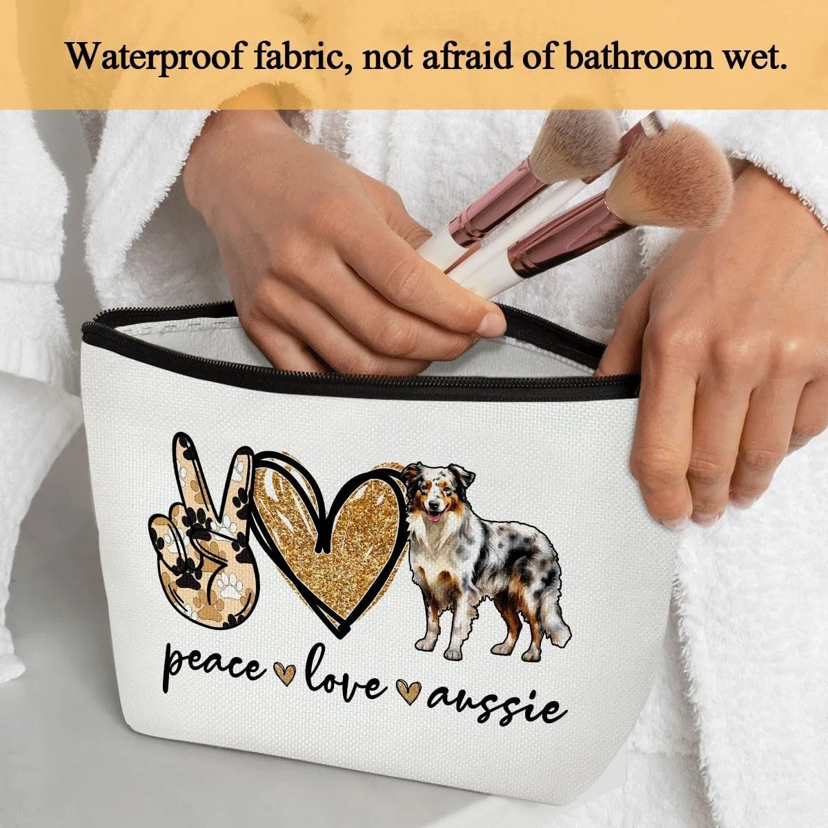 Dog Lover Gifts Makeup Bags for Women, 1 Pack Cosmetic Travel Toiletry Bag, Australian Shepherd Dog Gifts for Women Dogs Mom Pet Lover Puppy Owner, Doggy Cosmetic Bag Pouch - Peace Love Aussie - L721
