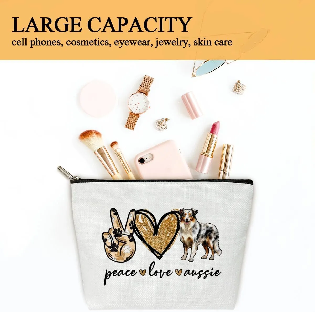 Dog Lover Gifts Makeup Bags for Women, 1 Pack Cosmetic Travel Toiletry Bag, Australian Shepherd Dog Gifts for Women Dogs Mom Pet Lover Puppy Owner, Doggy Cosmetic Bag Pouch - Peace Love Aussie - L721