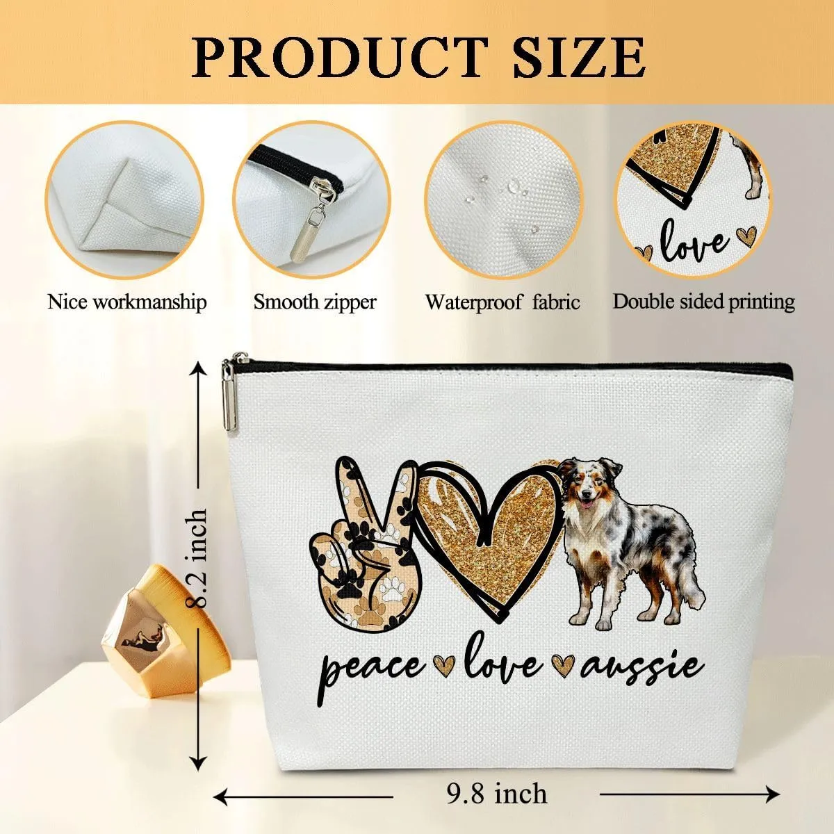 Dog Lover Gifts Makeup Bags for Women, 1 Pack Cosmetic Travel Toiletry Bag, Australian Shepherd Dog Gifts for Women Dogs Mom Pet Lover Puppy Owner, Doggy Cosmetic Bag Pouch - Peace Love Aussie - L721