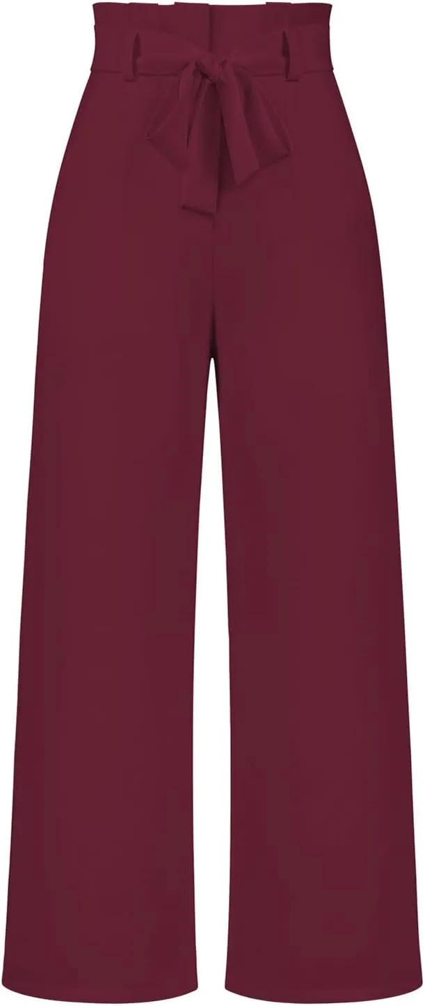 DOLKFU Womens Belted High Waist Business Casual Pants Straight Wide Leg Trousers Fashion Loose Comfy Pants