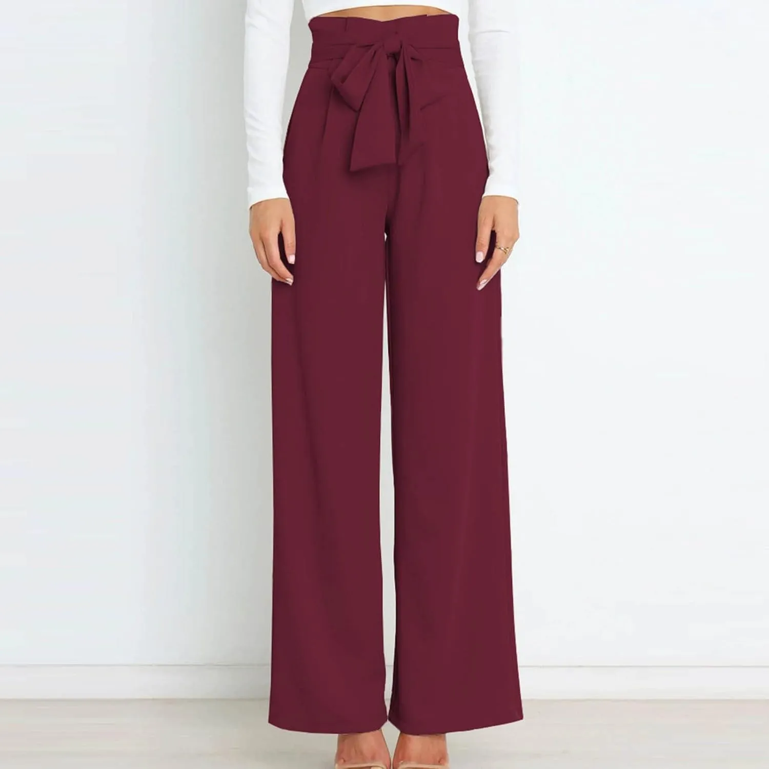 DOLKFU Womens Belted High Waist Business Casual Pants Straight Wide Leg Trousers Fashion Loose Comfy Pants