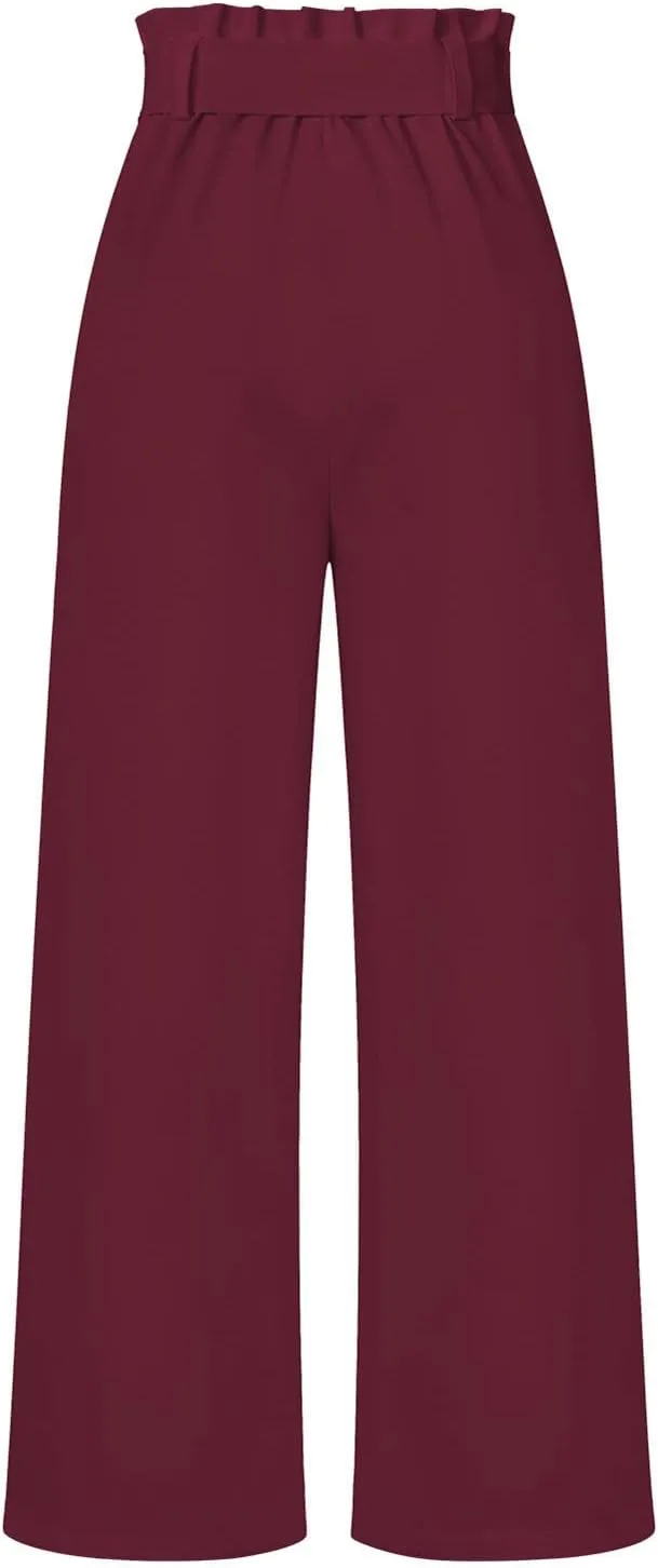 DOLKFU Womens Belted High Waist Business Casual Pants Straight Wide Leg Trousers Fashion Loose Comfy Pants