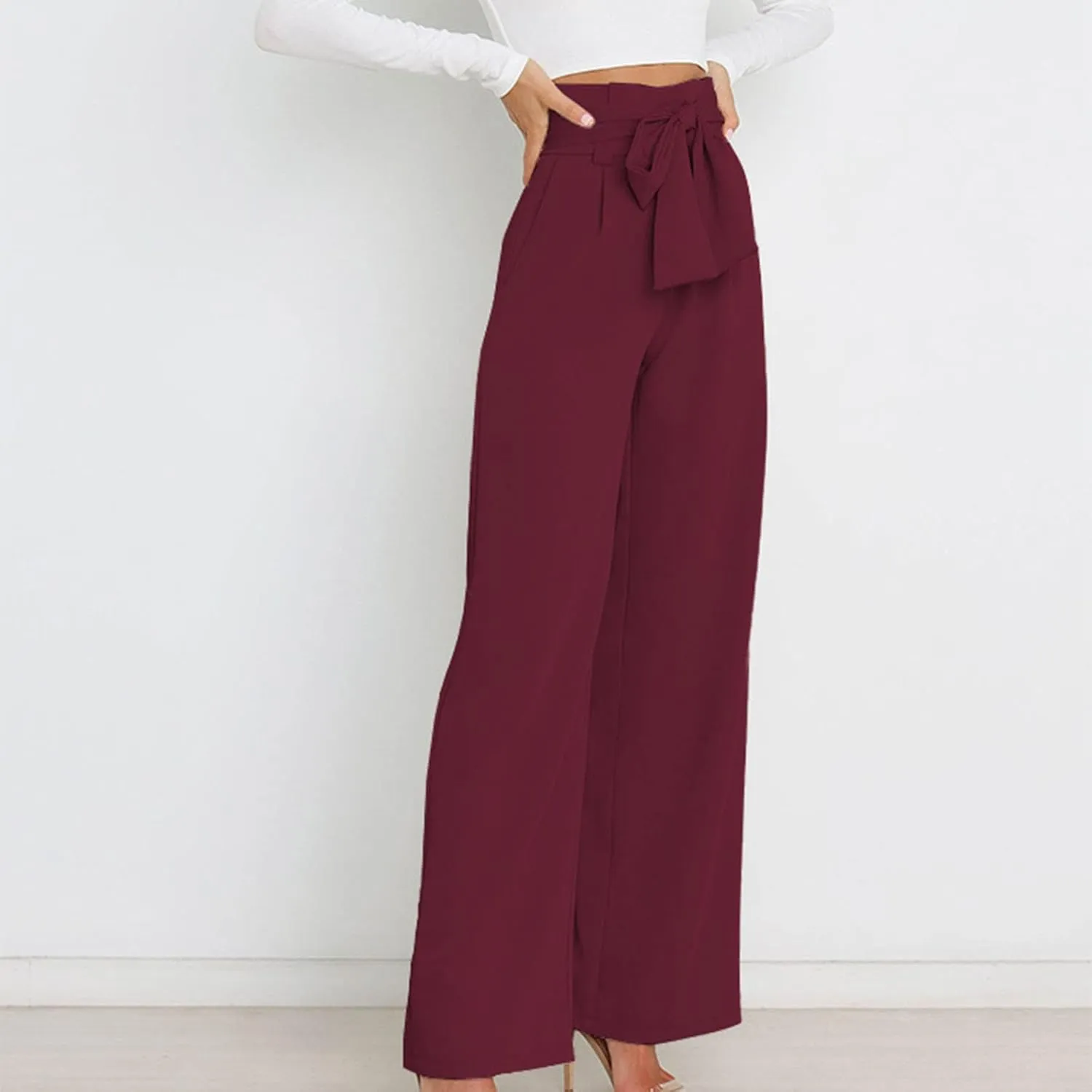 DOLKFU Womens Belted High Waist Business Casual Pants Straight Wide Leg Trousers Fashion Loose Comfy Pants