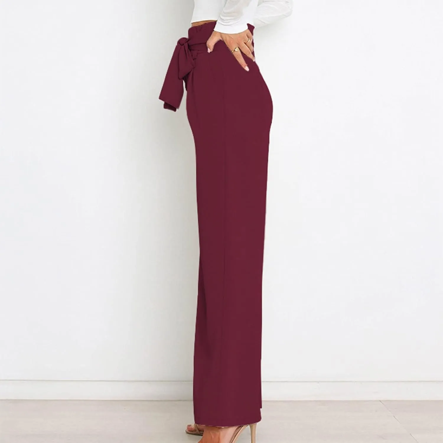 DOLKFU Womens Belted High Waist Business Casual Pants Straight Wide Leg Trousers Fashion Loose Comfy Pants